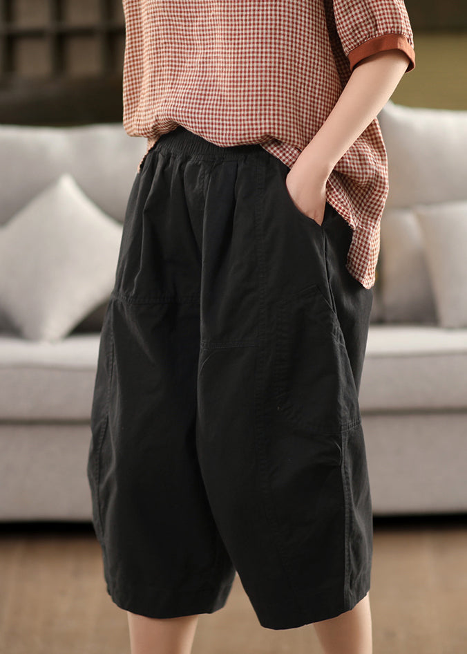Loose Beige Original Design Elastic Waist Cotton Crop Pants