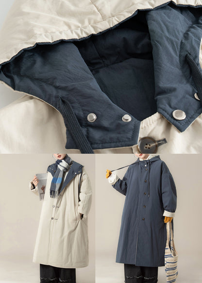Loose Beige Pockets Hooded Long Parka Winter