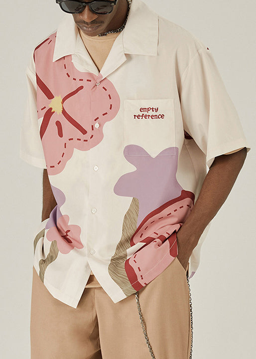 Loose Beige Print Button Cotton Shirt Summer
