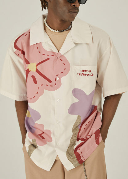 Loose Beige Print Button Cotton Shirt Summer