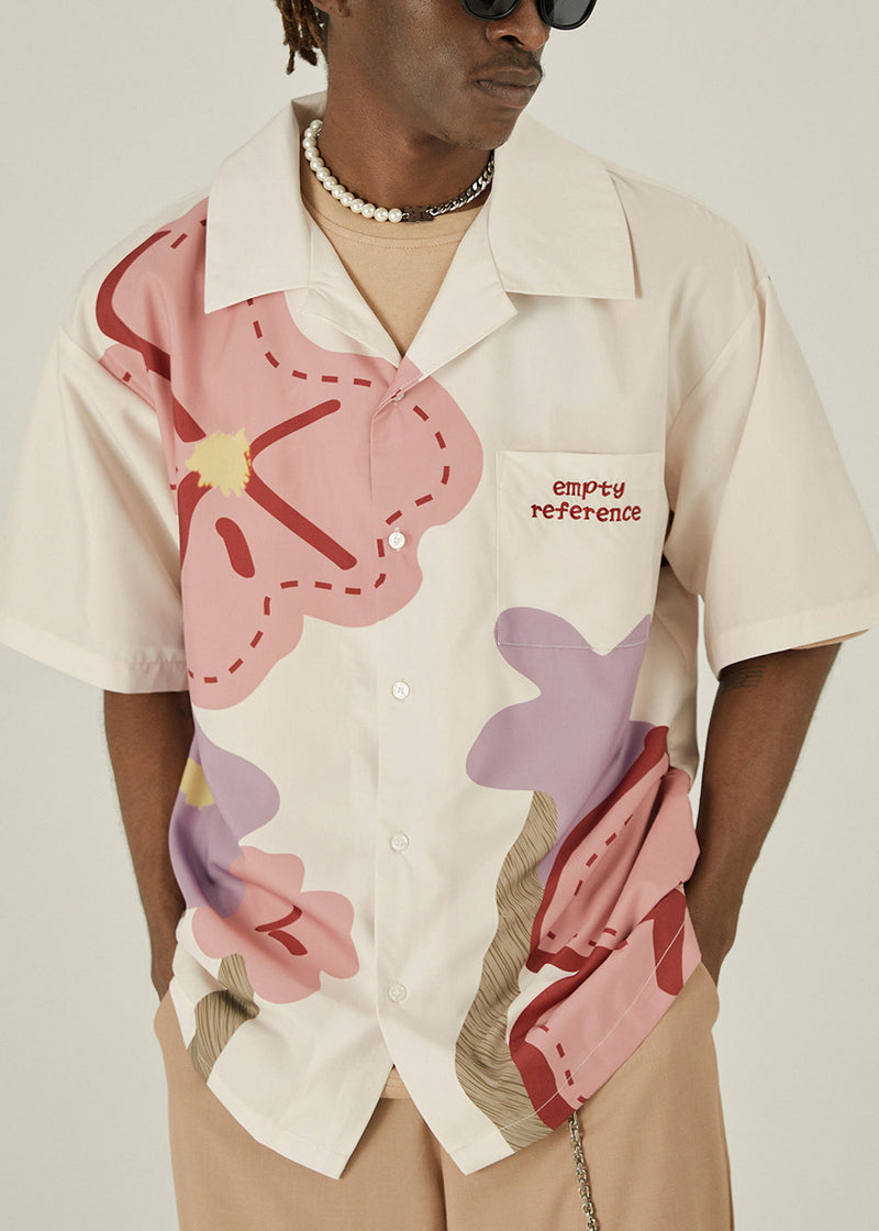 Loose Beige Print Button Cotton Shirt Summer