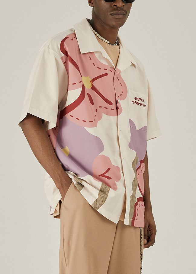 Loose Beige Print Button Cotton Shirt Summer