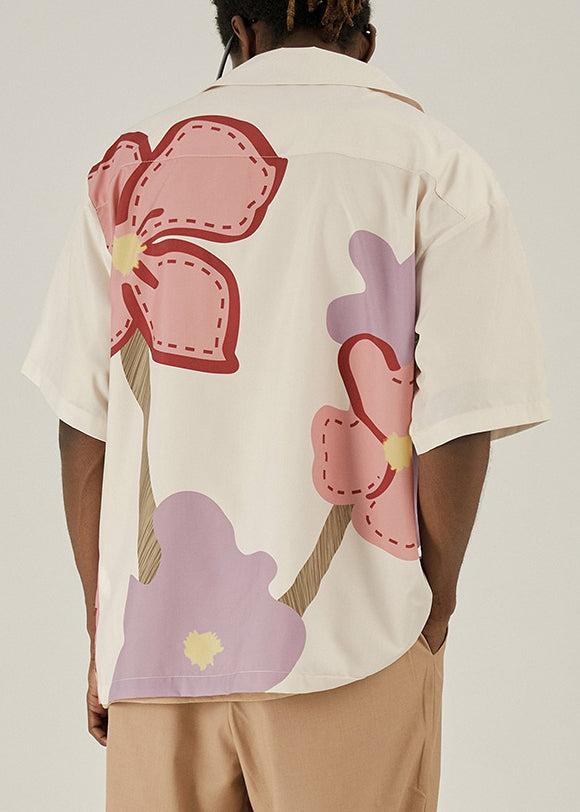 Loose Beige Print Button Cotton Shirt Summer