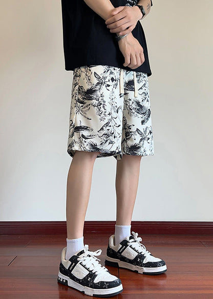 Loose Beige Print Elastic Waist Ice Silk Shorts Summer