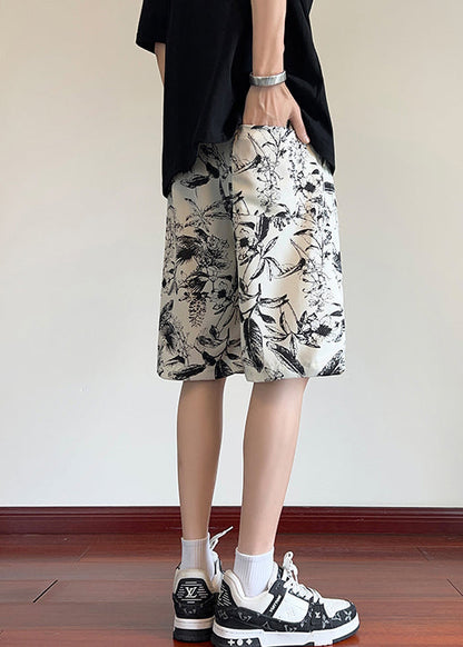 Loose Beige Print Elastic Waist Ice Silk Shorts Summer