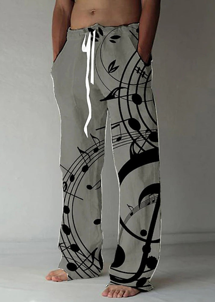 Loose Beige Print Elastic Waist Linen Pants Summer