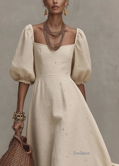 Loose Beige Square Collar Print Long Dress Short Sleeve