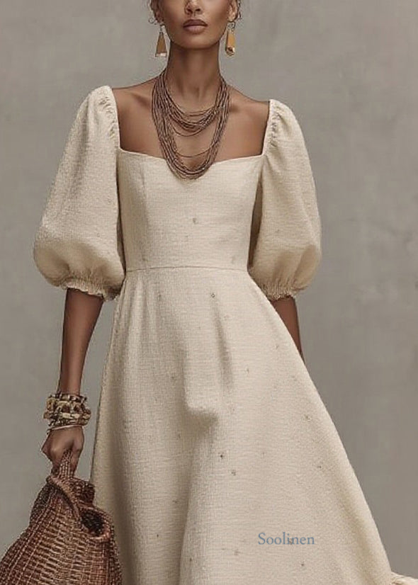 Loose Beige Square Collar Print Long Dress Short Sleeve