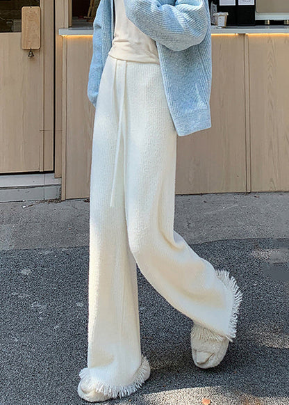 Loose Beige Tasseled Elastic Waist Mink Hair Knitted Flared Trousers Spring