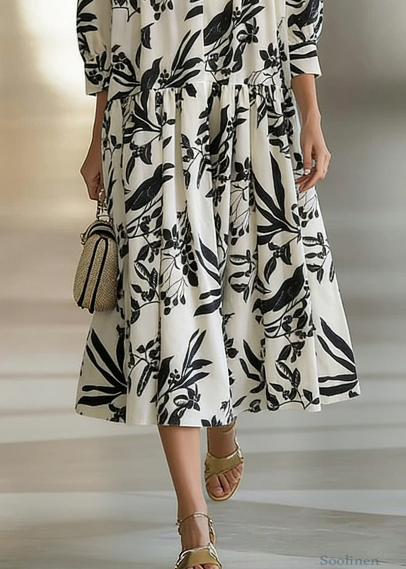 Loose Beige V Neck Print Wrinkled Cotton Long Dresses Bracelet Sleeve