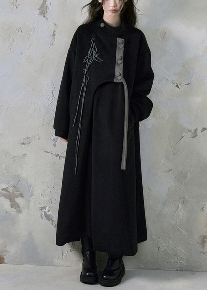 Loose Black Asymmetrical Button Pockets Long Coats Spring