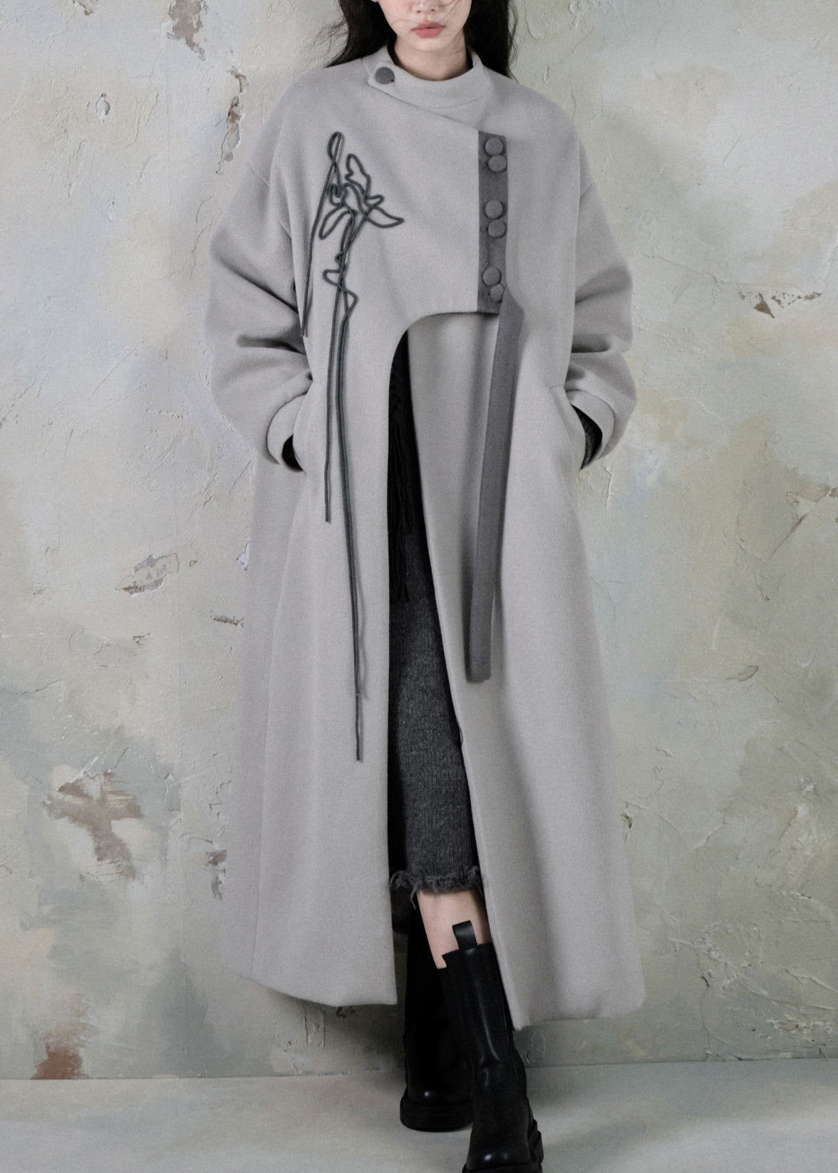 Loose Black Asymmetrical Button Pockets Long Coats Spring