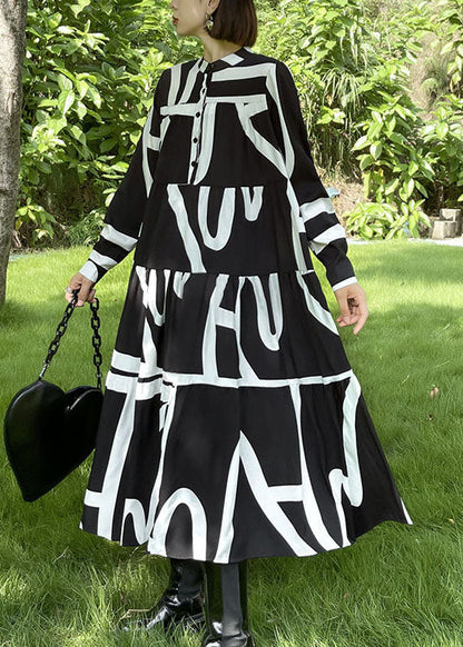 Loose Black Button Patchwork Print Fall Long Sleeve Long Dresses