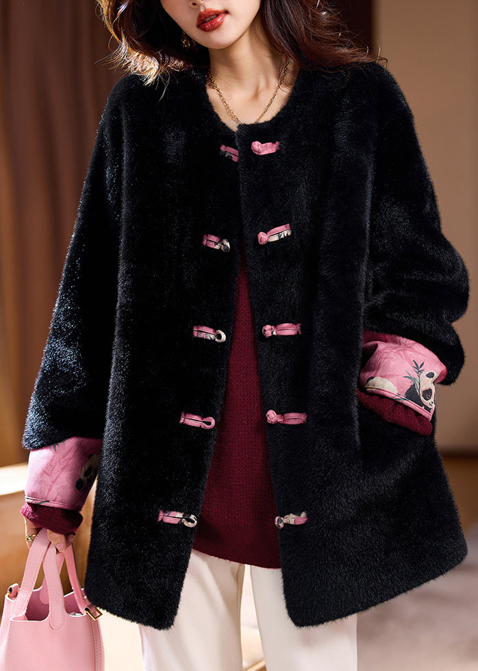 Loose Black Button Wear on Both Sides Leather and Fur Coats Winter