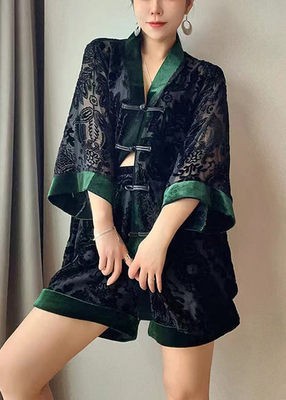 Loose Black Chinese Button Patchwork Tops and Shorts Velour Two Pieces Set Bracelet Sleeve