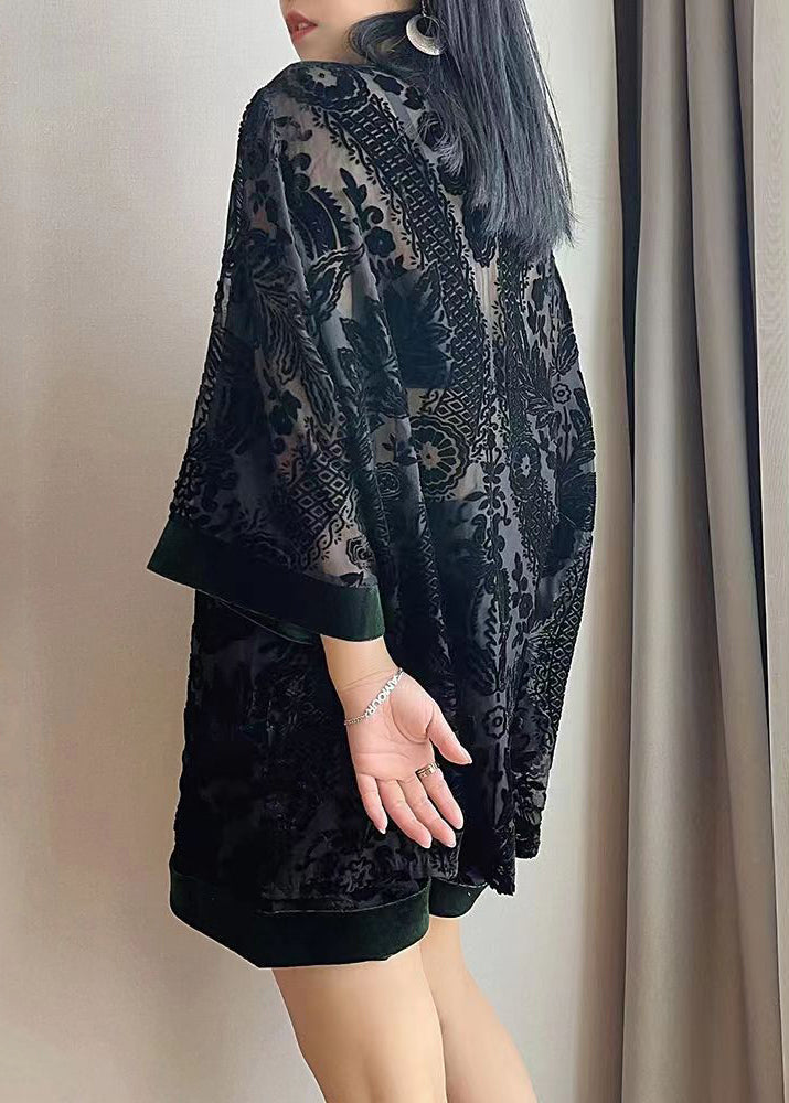 Loose Black Chinese Button Patchwork Tops and Shorts Velour Two Pieces Set Bracelet Sleeve