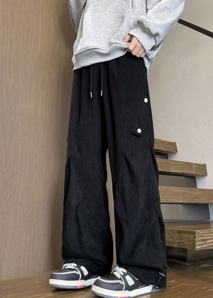 Loose Black Drawstring Elastic Waist Warm Fleece Pants Spring