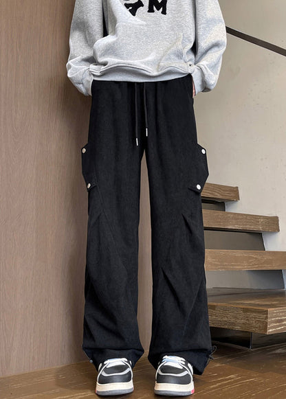 Loose Black Drawstring Elastic Waist Warm Fleece Pants Spring