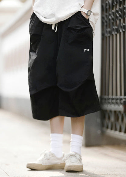 Loose Black Drawstring Pockets Patchwork Crop Pants Summer