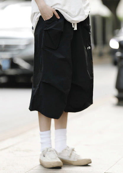 Loose Black Drawstring Pockets Patchwork Crop Pants Summer