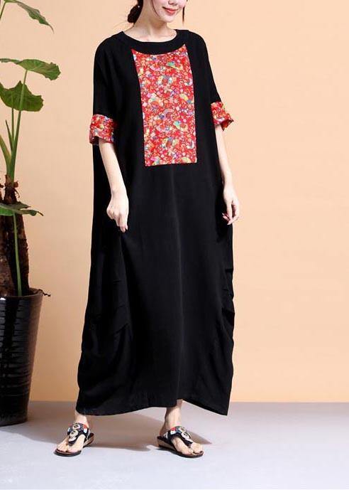 Loose Black Dresses O Neck Patchwork Cotton Robes Dress
