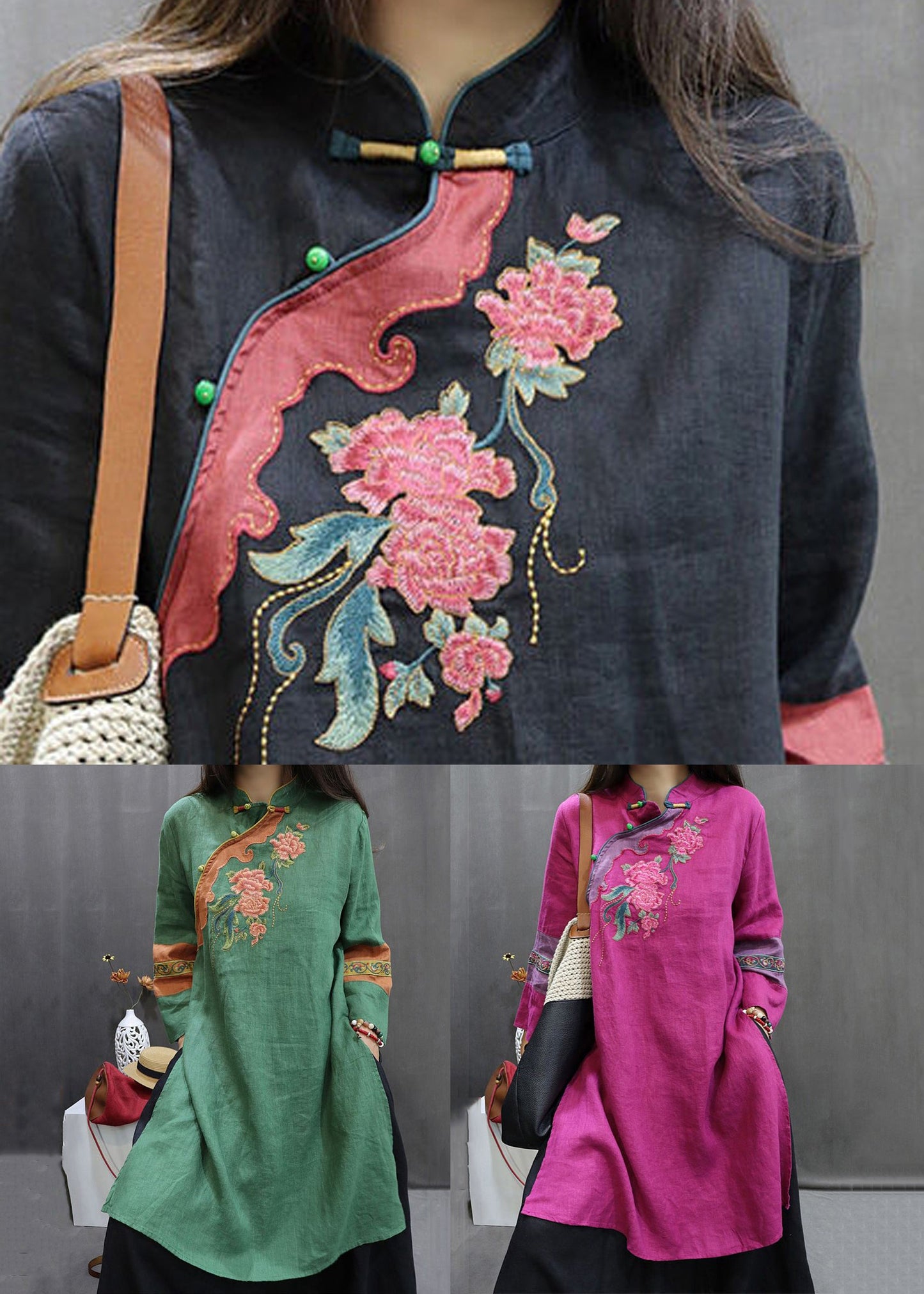 Loose Black Embroidered Side Open Linen Shirts Fall