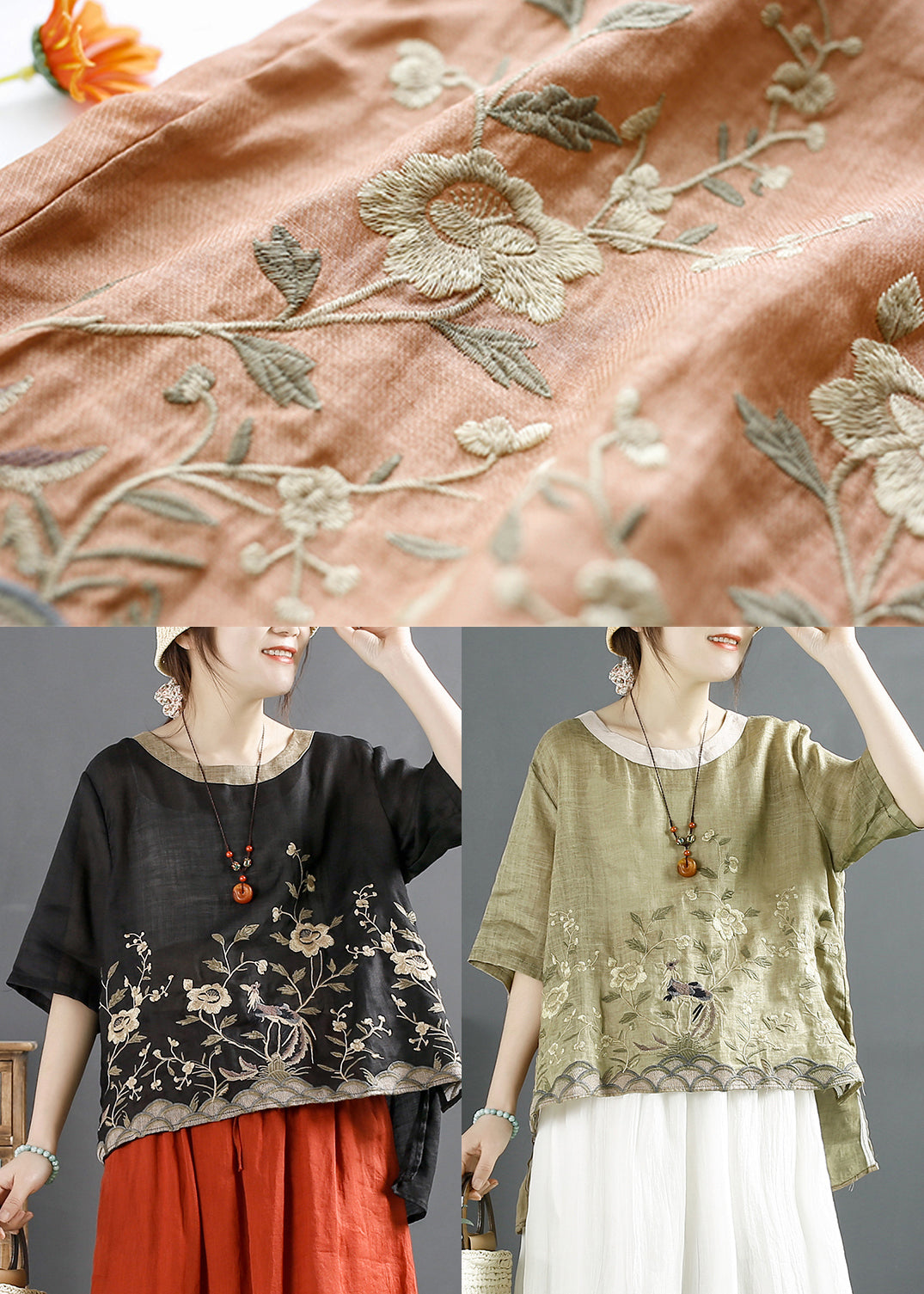 Loose Black Embroidered Low High Design Linen Top Summer