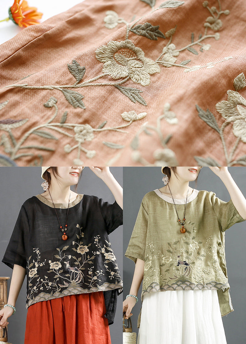 Loose Black Embroidered Low High Design Linen Top Summer