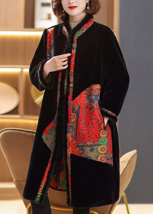 Loose Black Fluffy Pockets Wear on Both Sides Thick Long Coat Fall