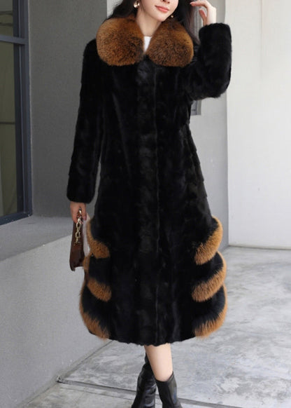 Loose Black Fox Collar Pockets Mink Hair Leather and Fur Long Coats Winter