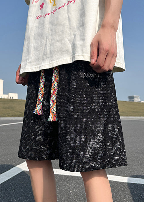 Loose Black Lace Up Pockets Cotton Shorts Summer