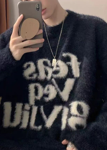 Loose Black Letter Thick Mink Hair Knitted Sweater Tops Winter