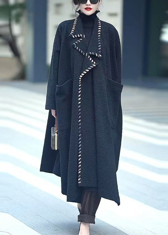 Loose Black Notched Pockets Cotton Coats Winter
