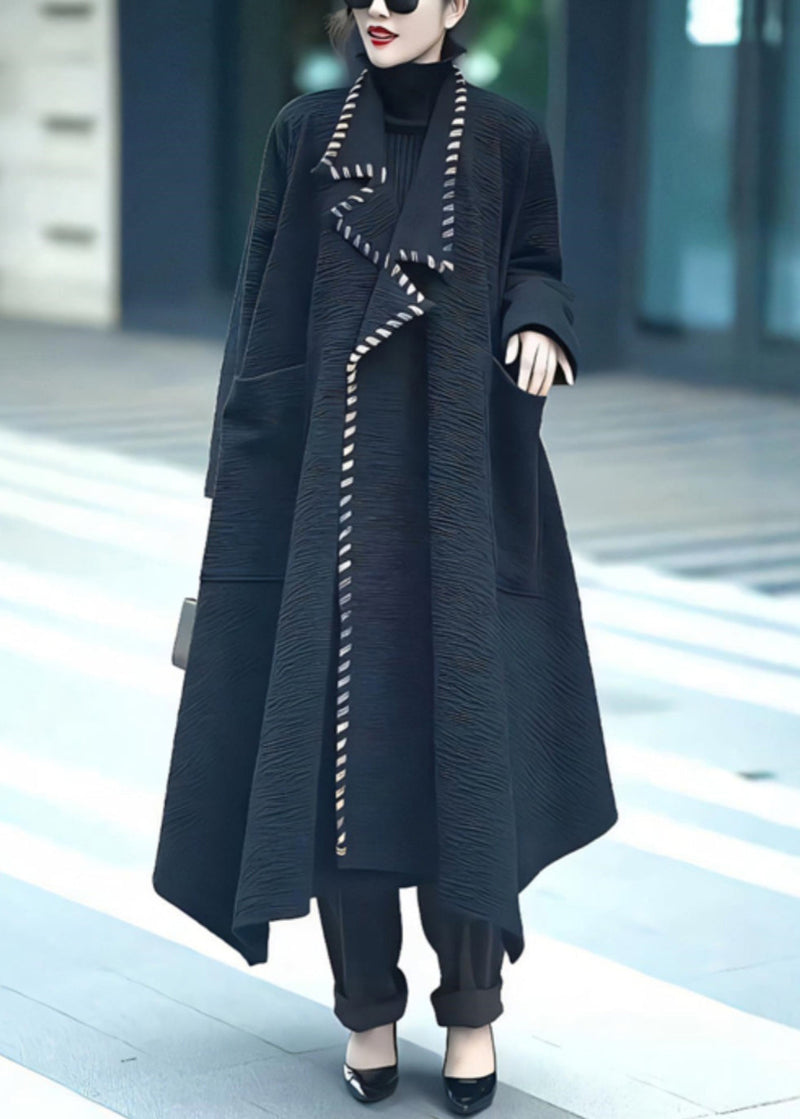 Loose Black Notched Pockets Cotton Coats Winter