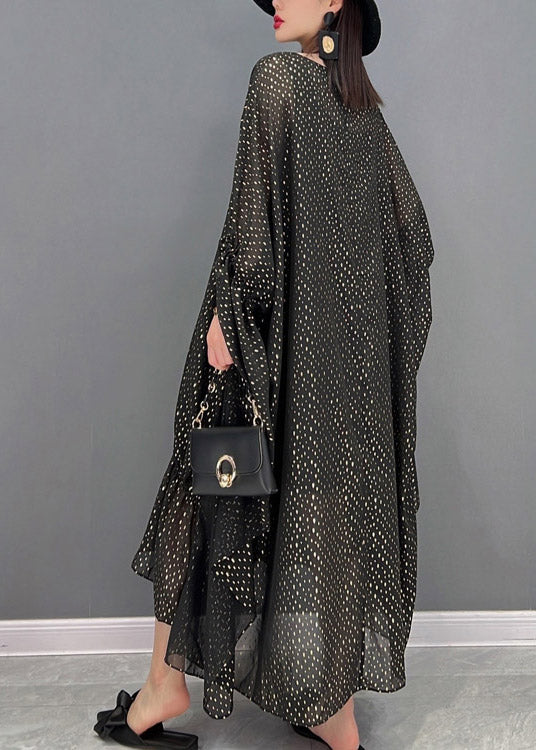 Loose Black O-neck Asymmetrical Dot Chiffon Vacation Dresses Batwing Sleeve
