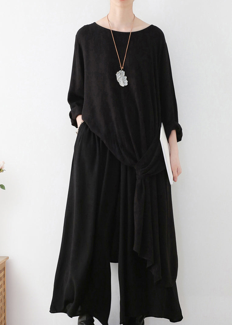 Loose Black O-neck Asymmetrical Top and Wide Leg Pants Two Pieces Set Fall