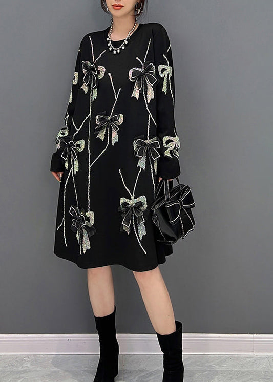 Loose Black O-neck Bow Knit Long Dresses Winter