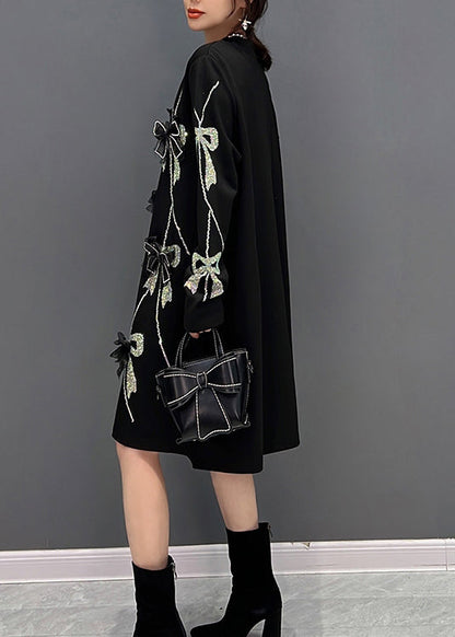 Loose Black O-neck Bow Knit Long Dresses Winter