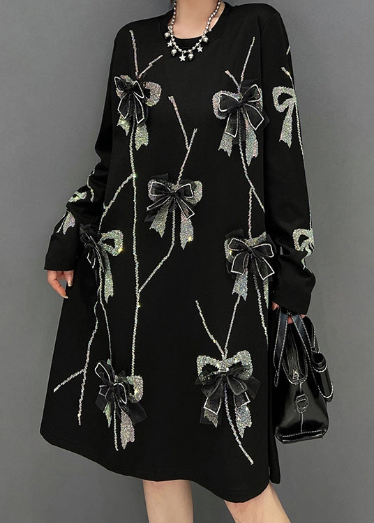 Loose Black O-neck Bow Knit Long Dresses Winter