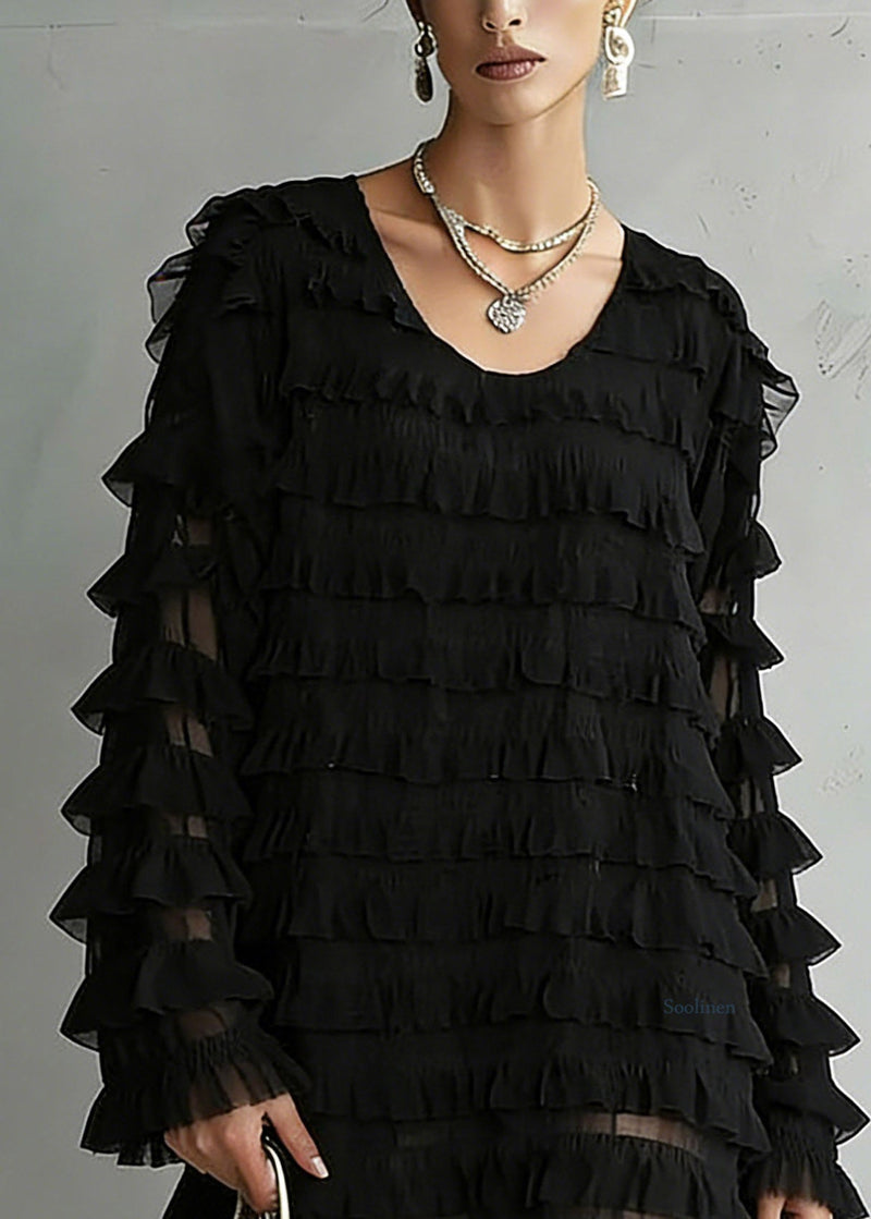 Loose Black O-neck Chiffon Top Long Sleeve