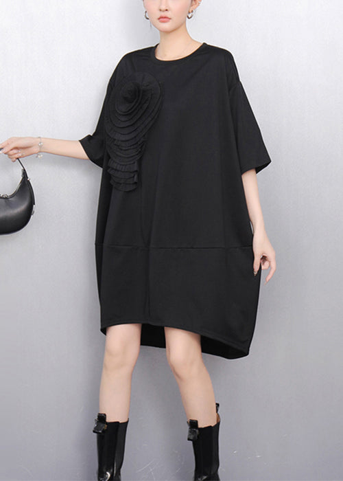 Loose Black O Neck Dress Half Sleeve