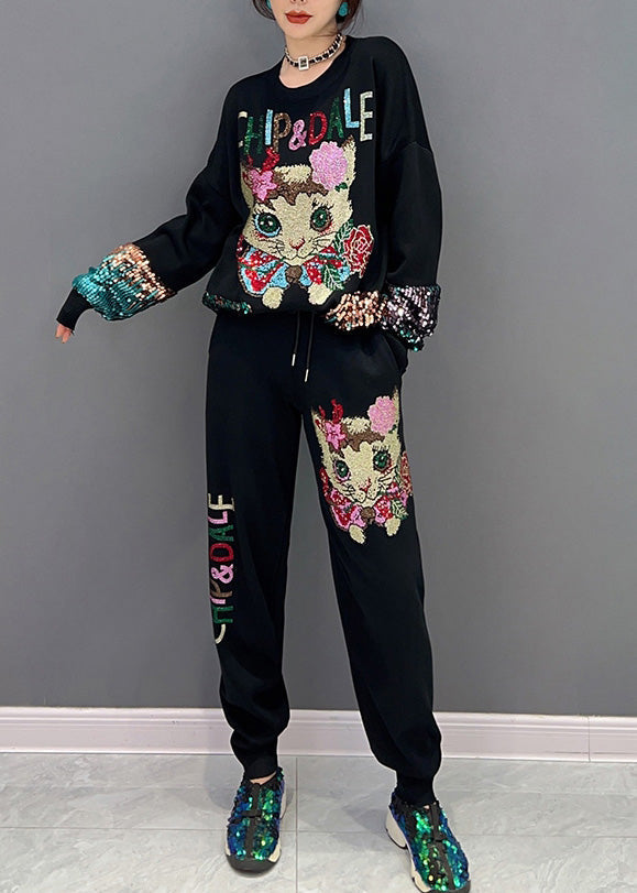 Loose Black O-neck Little Cat Print Top and Beam Pantstwo Pieces Set Spring