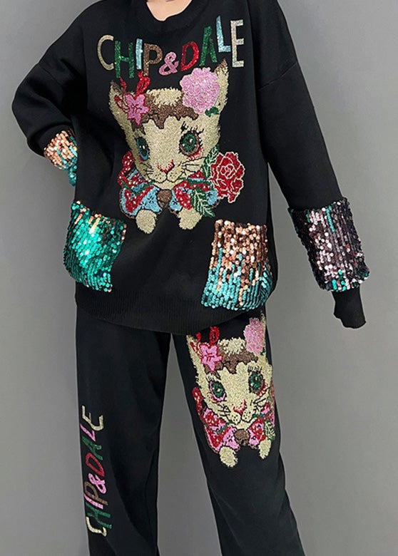 Loose Black O-neck Little Cat Print Top and Beam Pantstwo Pieces Set Spring