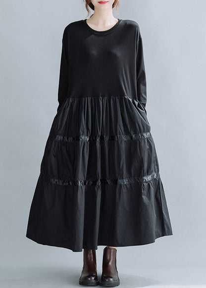 Loose Black O-neck Patchwork Cotton Holiday Dress Spring