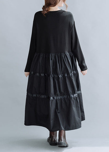 Loose Black O-neck Patchwork Cotton Holiday Dress Spring