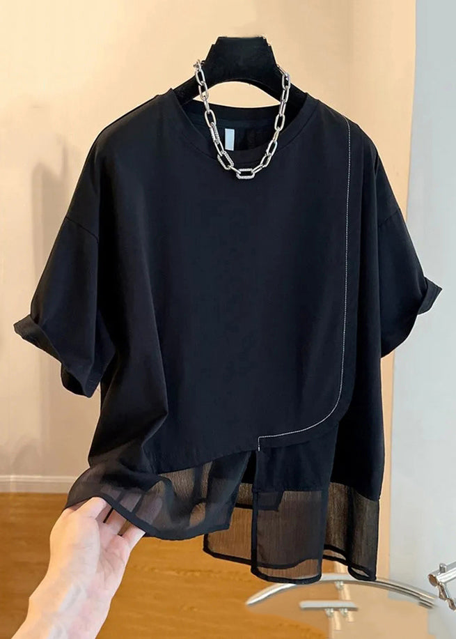 Loose Black O-neck Patchwork Cotton T Shirt Summer