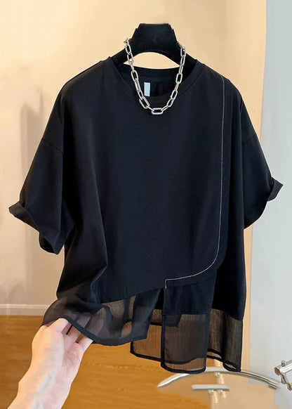 Loose Black O-neck Patchwork Cotton T Shirt Summer