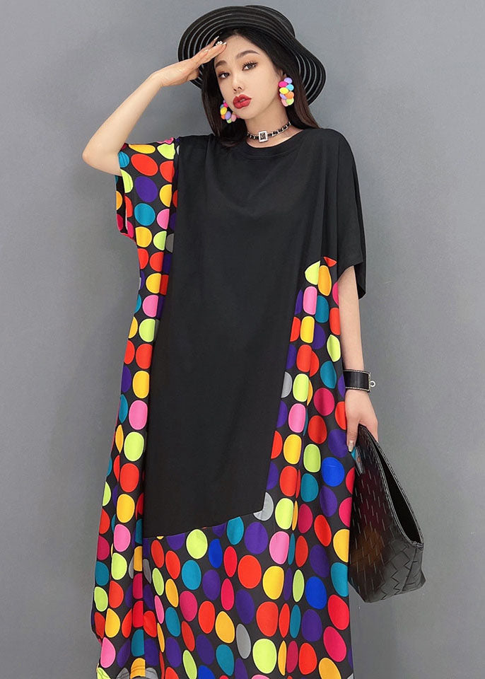 Loose Black O-neck Patchwork Multi Dot Print Cotton Long Dress Short Sleeve