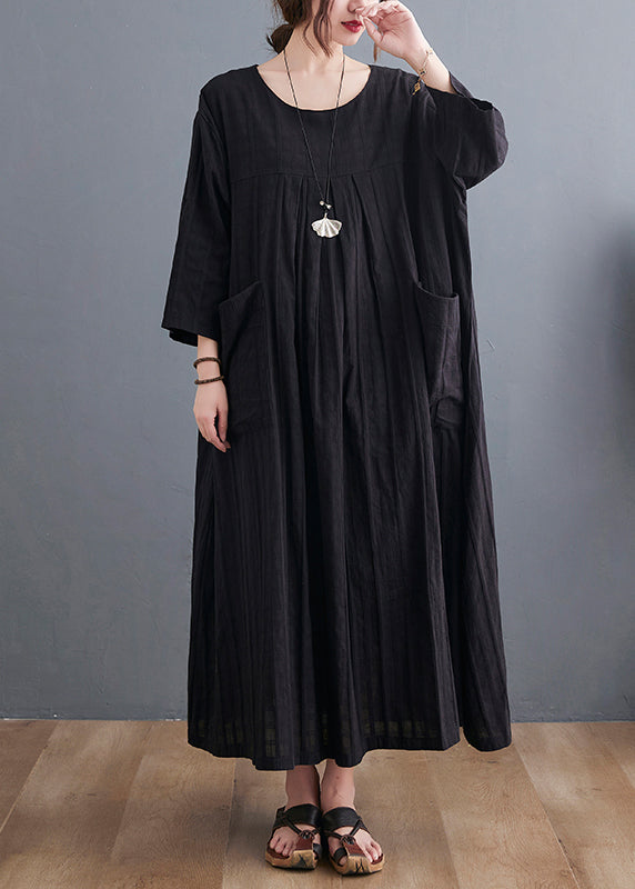 Loose Black O-neck Patchwork Pockets Maxi Dress Bracelet Sleeve