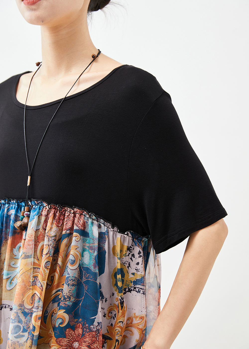 Loose Black O-neck Patchwork Print Chiffon Beach Dress Summer